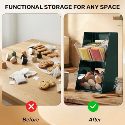 2 Pack Large Coffee Pod Holder, Coffee Station Counter Container Stackable Pantry Storage Organizer Bins, Creamer Suger Plastic Accessories Organizer for Office Home Kitchen Supplies(Green) - Image 4