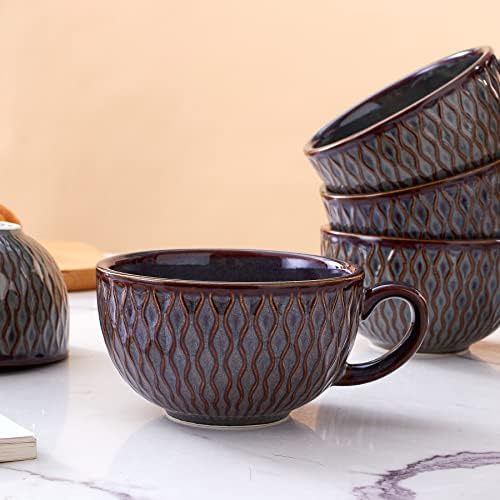 Coffeezone Set of 6 Cups Vintage Design 12 oz Professional Barista Ceramic Latte Art Cappuccino Cups Set (Embossed Grey * 6) - Image 6