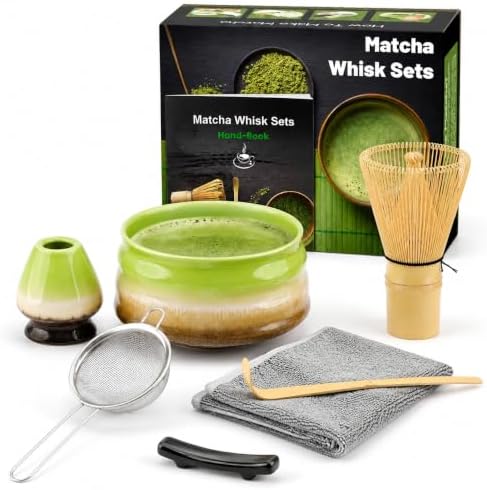 Matcha Whisk Set 7 Piece, Reactive Kiln Green Bowl & Bamboo Whisk, Holder & Accessories – Japanese Matcha Tea Set by Lafefe