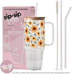 Sip-Sip Hooray! Sunflower and Bee 40oz Glass Tumbler with Lid and Straw - Image 2