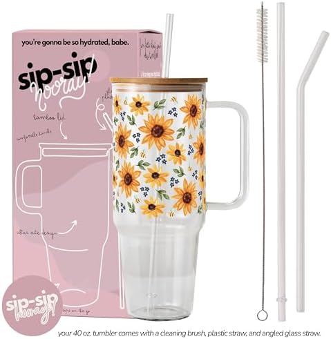 Sip-Sip Hooray! Sunflower and Bee 40oz Glass Tumbler with Lid and Straw - Image 2