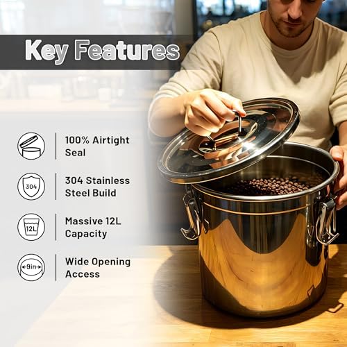 304 Stainless Steel Airtight Food Storage Containers 3.17gal/12L with Locking Lids & Clips Large Kitchen Jar for Rice, Flour, Sugar, Grain, Coffee Beans - Image 6