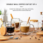 Double Wall Glass Coffee Mug 12 oz, Glass Coffee Mug with Handle 【4 Sets】 - DWTS Coffee Mug with Lid and Spoon for Americano, Cappuccino, Latte, Espresso - Image 4