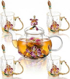 Maxdot 5 Pcs Floral Glass Tea Set, 14 oz Moth Orchid Teapot with Infuser by Maxdot