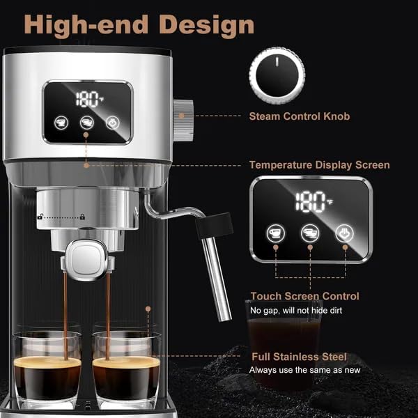 20 Bar Espresso Machine for Home, Cappuccino & Latte Maker with Milk Frother Steam Wand, ESE Pod Filter, Accurate Temperature & Time Control, Compact Stainless Steel Coffee Machine - Image 3