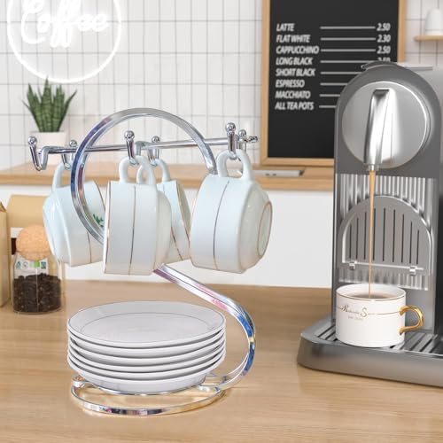 Coffee Mug Holder Metal,Mug TeaCups Holders Countertop,Coffee Mug Tea Cup Stand Storage Rack Tabletop Counter 6 Hooks(Silver) - Image 3