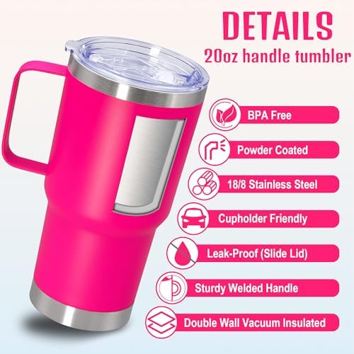 20 oz Tumbler with Handle and Lid Insulated Travel Coffee Mug Hot Pink 6P - Image 3
