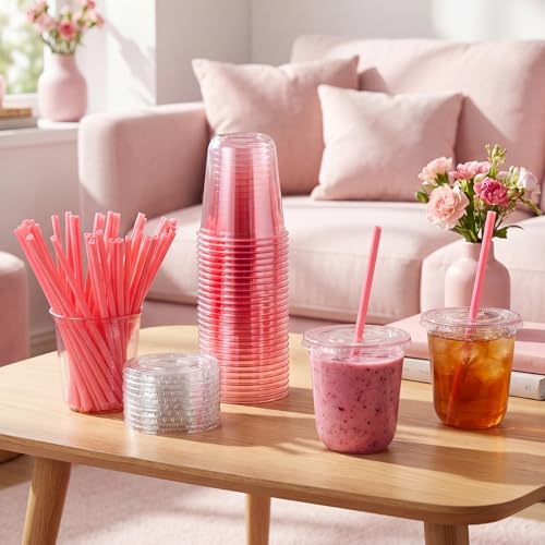 Ziliny 50 Sets 14 oz Pink Plastic Cups with Heart Shaped Straws and Lids - Image 3