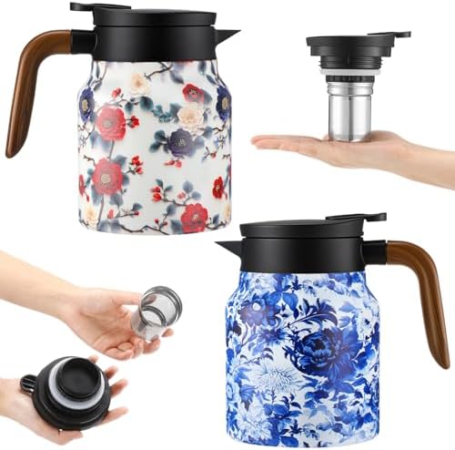 LemonRoad 2 Pcs 35 oz Vintage Floral Pattern Tea Pot with Infuser | Stainless Steel Insulated Tea Pot with Lid and Wooden Handle Thermal Carafe for Hot Drinks Coffee(White, Blue and White Porcelain) by Unknown