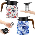LemonRoad 2 Pcs 35 oz Vintage Floral Pattern Tea Pot with Infuser | Stainless Steel Insulated Tea Pot with Lid and Wooden Handle Thermal Carafe for Hot Drinks Coffee(White, Blue and White Porcelain) by Unknown