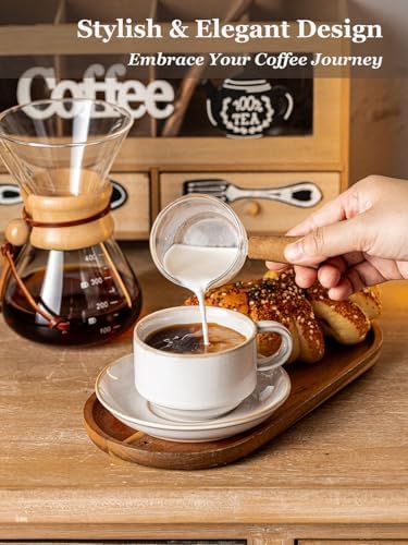 Gomakren 6 Ounce Cappuccino Cups Set of 4 with Saucers & Metal Rack & Pour Over Coffee Maker 3 Hole Cone Brewer, Ceramic Coffee Dripper - Image 3