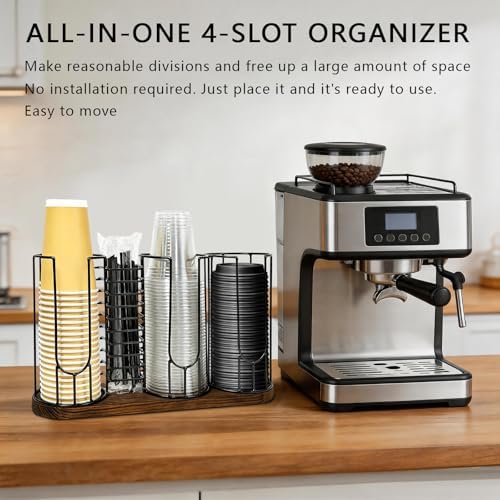 Coffee Cup Holder,18oz Cup and Lid Organizer, Cup Dispenser Rack with Wood Base, Suitable for Countertop Use, Kitchen, Coffee Bar，Storing Paper Cups, Straws, Lids, Tea Bags(4-Compartment) - Image 3