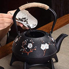 1100ml Antique Cast Iron Teapot With Insulation Handle, Chinese Plum Blossom Pattern Tetsubin Tea Kettle As Gift Black - Image 3