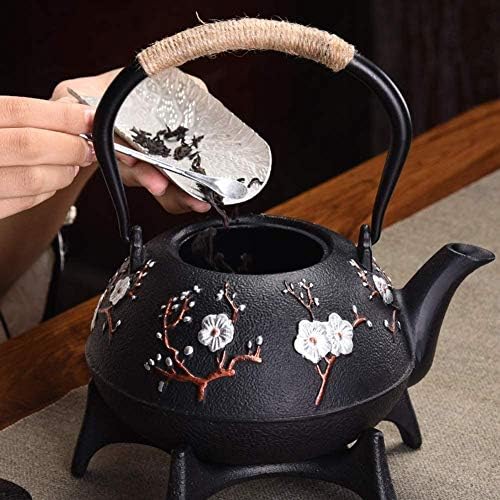 1100ml Antique Cast Iron Teapot With Insulation Handle, Chinese Plum Blossom Pattern Tetsubin Tea Kettle As Gift Black - Image 3
