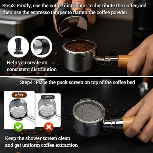 29PCS Espresso Accessories Kit,58mm Espresso Tamper Tools,Includes Wood Station,Distributor,Knock Box,Stirrer,Dosing Funnel,Brush,Puck Screen,Frothing Pitcher,Powder Ring,Towel,Decorative Stencils - Image 4
