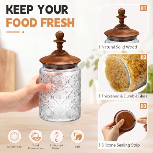 Suclain 6 Pack 24oz Glass Spice Jars with Dark Wood Lids Vintage Canisters with Begonia Pattern Airtight Food Storage Container for Home Kitchen Tea Coffee Spice Pantry Organization Decorations - Image 3