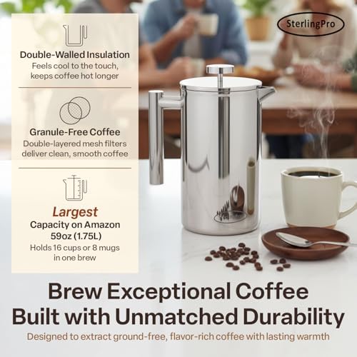 SterlingPro 1.75 L 59 oz Mirror Extra Large French Press Coffee Maker and 2 Pack Replacement Screens Bundle Stainless Steel Double Wall Insulated for Tea and Coffee - Image 3