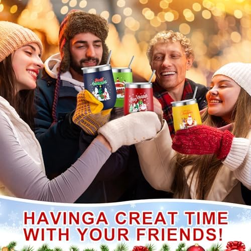 Nuogo 16 Set Colorful Christmas Tumblers with Lids and Straws and Spoons 12 oz Funny Stainless Steel Wine Tumbler Xmas Mugs Bulk Gifts for Coworker Teacher Women Men Holiday Party Decoration - Image 3