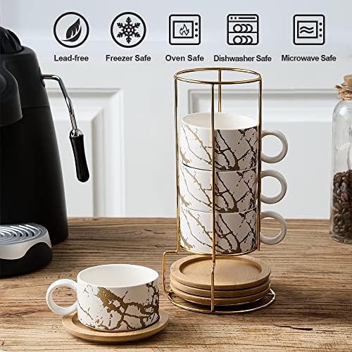 LUKA Porcelain Espresso Cup with Metal Stand, 6 Ounce Stackable Ceramic Demitasse Espresso Mugs Cappuccino Cups Set for Latte,Coffee,Cafe Mocha,Tea(Set of 4,White) - Image 4