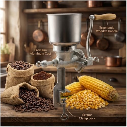 Manual Grain Mill Grinder, Hand Crank Corn Grinder with Large Hopper & Table Clamp, Heavy Duty Aluminum Wheat Grinder, Ergonomic Wooden Handle Mill for Corn, Wheat, Oats, Coffee Beans and Nuts - Image 6
