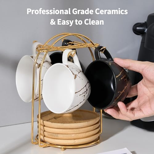 LUKA Ceramic Demitasse Espresso Cups Set with Saucers and Metal Stand, 8 oz Porcelain Stackable Cappuccino Cups Teacup For Tea, Espresso, Latte, Coffee, Cafe Mocha, Set of 4, White & Black - Image 5