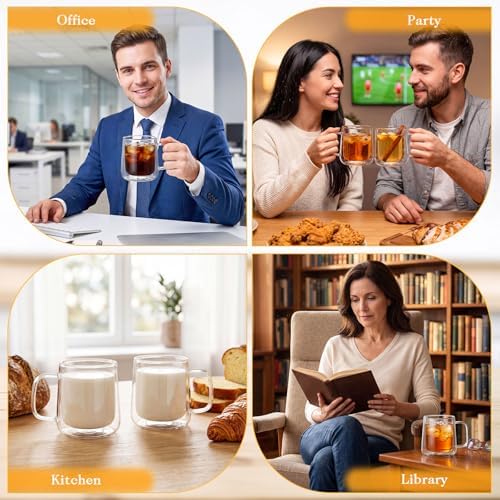 Patelai Glass Coffee Mugs Set of 4, 12 oz Clear Double Walled Coffee Cups Glasses Insulated Latte Mugs with Handle Espresso Clear Cups for Hot and Cold Beverages - Image 4