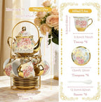 20 Pcs Porcelain Tea Set with Metal Holder and Spoon, European Ceramic Tea Set for Adults, European Flower Painting Teapot Cup Saucer Spoon Set for 6, Gift Pack (Pink and Gold) - Image 4