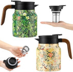 LemonRoad 2 Pcs 35 oz Vintage Floral Pattern Tea Pot with Infuser | Stainless Steel Insulated Tea Pot with Lid and Wooden Handle Thermal Carafe for Hot Drinks Coffee(Green, Pink) by Unknown