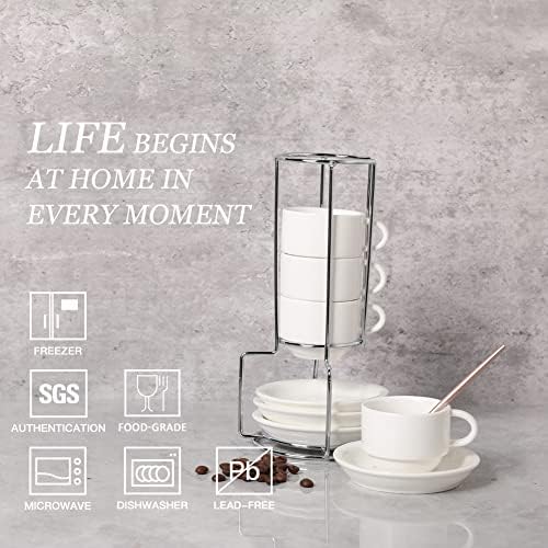 Sweejar Porcelain Espresso Cups with Saucers, 2.5 Ounce Stackable Cappuccino Cups with Metal Stand for Coffee Drinks, Latte, Tea - Set of 4 (White) - Image 2