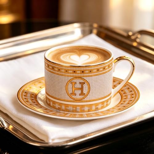 Gold Mosaic H Ceramic Coffee Cup & Saucer Set, 8 OZ Luxury European Bone China Latte Mug, Gold Rim Porcelain Tea Cup for Home Cafe, Wedding Housewarming Gift - Image 6