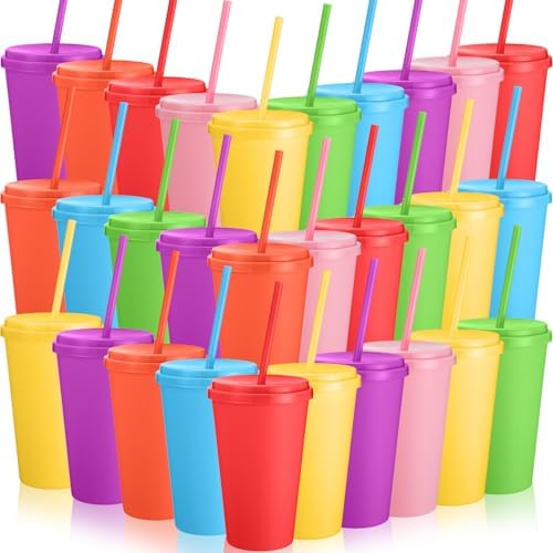 Honeydak 30 Pack Plastic Tumblers with Lids and Straws Bulk, Bright Color by Honeydak