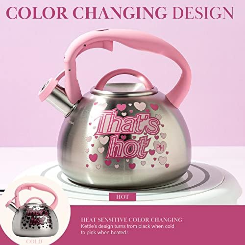 Paris Hilton Whistling Stovetop Tea Kettle, Stainless Steel with Color Changing "That's Hot" Heat Indicator Design, Soft Touch Handle, 2.5-Quart, Pink - Image 4