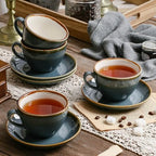 SHUER Ceramic Cappuccino Cup Set of 4, 11.2 OZ Cups and Saucers Set,Coffee Mocha Cup Sets,Black Coffee Cups and Glaze Americano Mug Great for Party and Low Tea Time (Blue 320ml) - Image 3