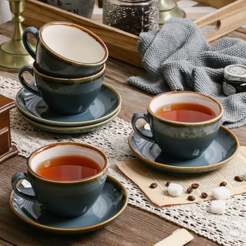SHUER Ceramic Cappuccino Cup Set of 4, 11.2 OZ Cups and Saucers Set,Coffee Mocha Cup Sets,Black Coffee Cups and Glaze Americano Mug Great for Party and Low Tea Time (Blue 320ml) - Image 3