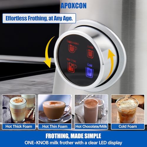 APOXCON Electric Milk Frother and Steamer, 4-in-1 Hot & Cold Foam Maker for Coffee 17oz Stainless Steel Frother Machine with LED Display Rotary Knob Milk Warmer Hot Chocolate Maker Dishwasher Safe - Image 3