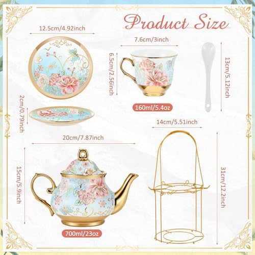 Zhehao 20 Pcs Porcelain Tea Set for Adult, with Metal Holder, Vivid - Image 2