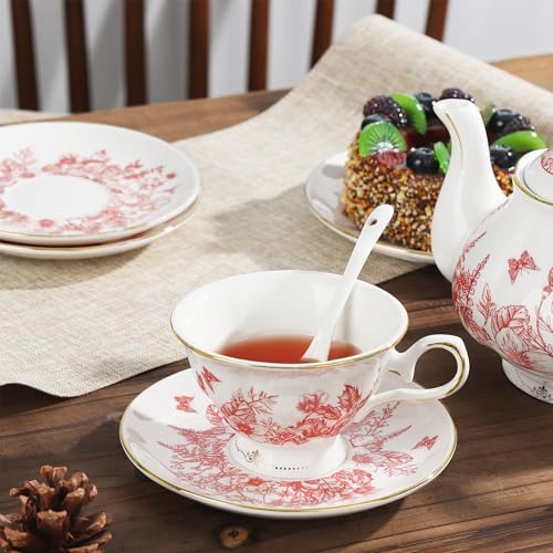 fanquare 22 Piece Vintage Red Floral Porcelain Tea Set with Holder - Image 3