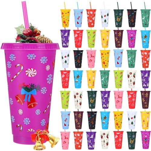 Honeydak 50 Pcs 24oz Christmas Holiday Cup Bulk, Tumbler with Straw and Lid by Honeydak