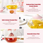 DUJUST 21 pcs Small Tea Set of 6, Pink Marble Set, Handcraft Golden Trim, Porcelain Tea Pot Set for Kids&Adults, 1 Glass Teapot(22oz), 6 Cups(4oz), 6 Saucers, 6 Spoons, 1 Shelf&1 Warmer - Image 3