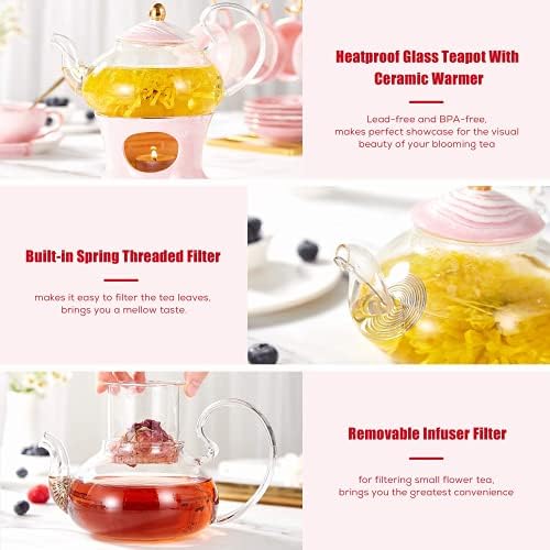 DUJUST 21 pcs Small Tea Set of 6, Pink Marble Set, Handcraft Golden Trim, Porcelain Tea Pot Set for Kids&Adults, 1 Glass Teapot(22oz), 6 Cups(4oz), 6 Saucers, 6 Spoons, 1 Shelf&1 Warmer - Image 3