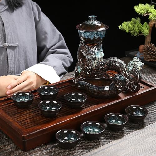 Chinese Gongfu Tea Set - Ceramic Teapot with Infuser, 8 Cups, Semi Automatic Dragon Design for Loose Leaf Tea - Image 5