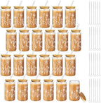 Mumufy 24 Pack Boho Floral Glass Cup, 16 oz Tumbler Mug with Bamboo Lid by Mumufy