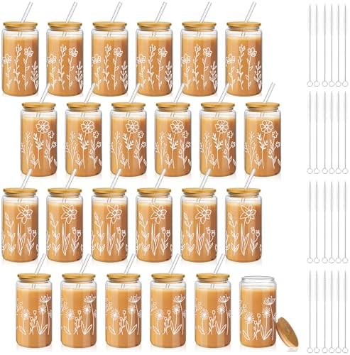 Mumufy 24 Pack Boho Floral Glass Cup, 16 oz Tumbler Mug with Bamboo Lid by Mumufy