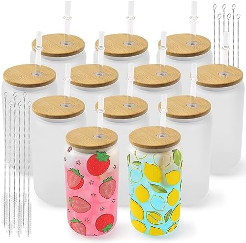 Joyclub Sublimation Glass Cups 12 Pack 16 oz Frosted with Bamboo Lids by Joyclub