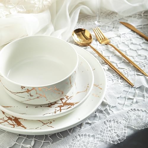 Stone Lain Porcelain 16 Piece Dinnerware set, 4 Full White Gold Splash Sets - Image 4