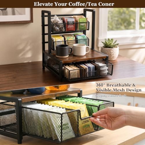 3 Tier Coffee Station Organizer with Drawer and Hanging Baskets, Wood & Metal Large Capcity Coffee Bar Organizer for K Cups, Coffee Pods, Tea Bags, Sugar Packets, Countertop Storage Rack - Image 6