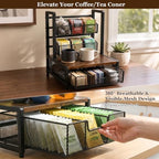 3 Tier Coffee Station Organizer with Drawer and Hanging Baskets, Wood & Metal Large Capcity Coffee Bar Organizer for K Cups, Coffee Pods, Tea Bags, Sugar Packets, Countertop Storage Rack - Image 6