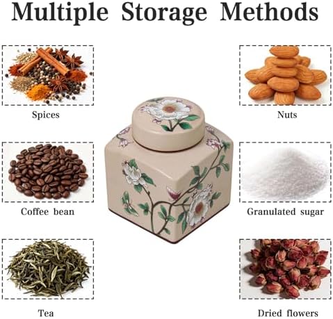 Coffee Bean Storage Canister with Airtight Lid, Decorative Ceramic Tea Jar with Vintage Floral Pattern, Sugar Container & Spice Jar for Kitchen Countertop, Cabinet or Shelf - Beige & 30oz - Image 6