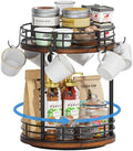 Rotating Coffee Mug Holder Rack Stand, 2 Tier Wooden Coffee Station Bar Organizer for Countertop, Spinning Kitchen Counter Organizer, Mug Shelf with 6 Hooks, Rustic Brown and Black by Yelinkws