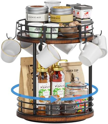 Rotating Coffee Mug Holder Rack Stand, 2 Tier Wooden Coffee Station Bar Organizer for Countertop, Spinning Kitchen Counter Organizer, Mug Shelf with 6 Hooks, Rustic Brown and Black by Yelinkws